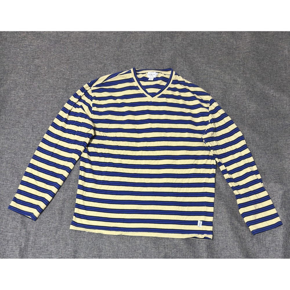 Calvin Klein Jeans Mens XL Long Sleeve V-Neck Striped Cotton Shirt Yellow Blue